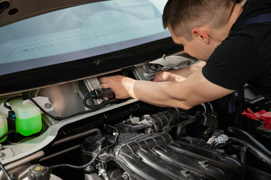 A man is focused on repairing a car engine, surrounded by tools and parts in a well-lit garage.